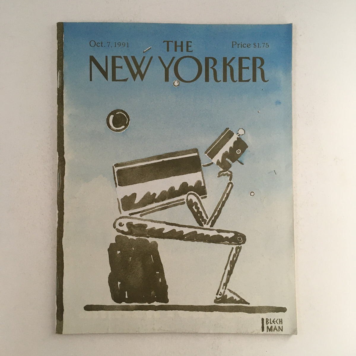 Cover of The New Yorker magazine from October 7, 1991 featuring artwork by R.O. Blechman, illustrating a whimsical scene with a character sitting and holding a camera, showcasing the unique artistic style from that era.