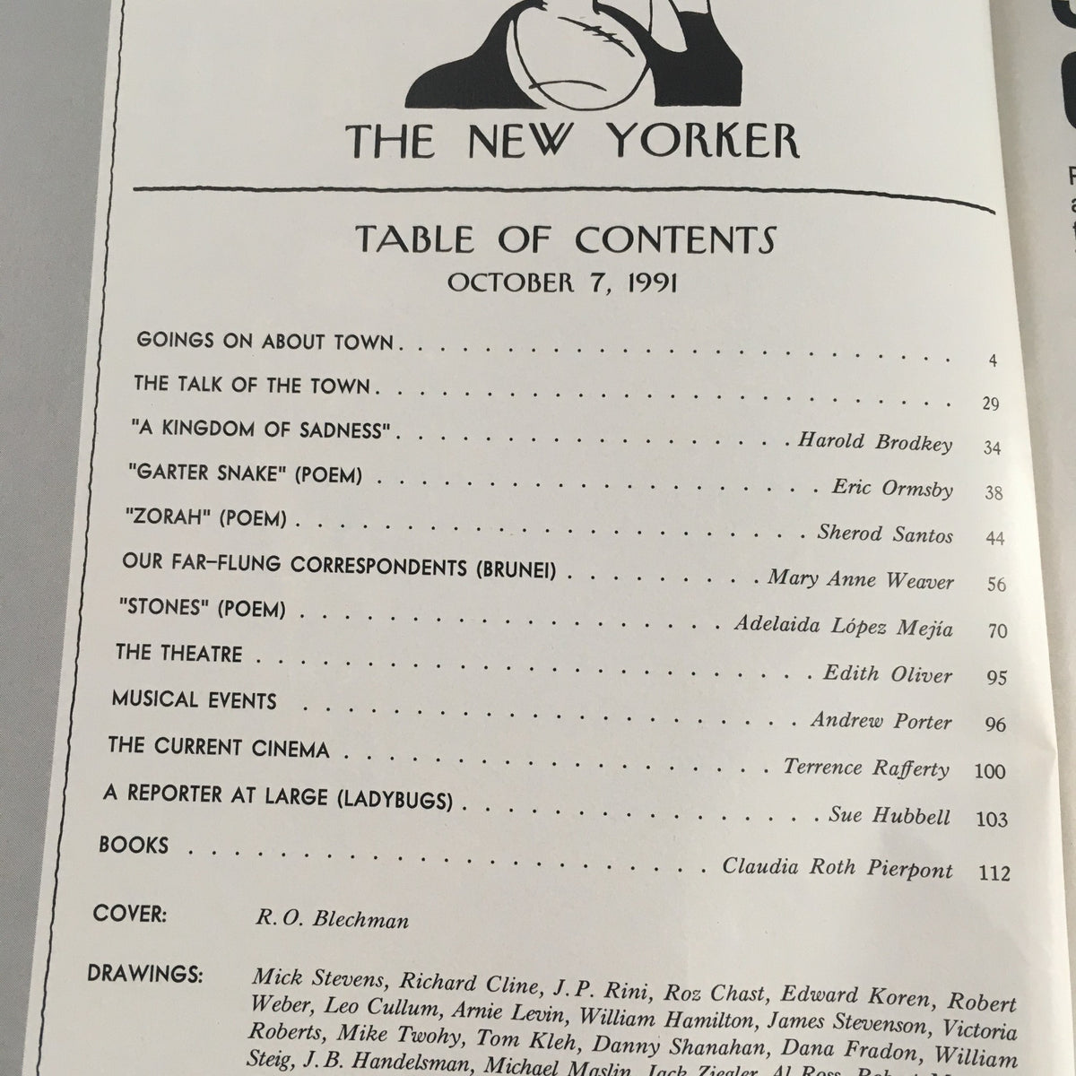 Table of Contents from The New Yorker October 7 1991 featuring articles and poems such as 'A Kingdom of Sadness' and 'Zorah', illustrated by R.O. Blechman.