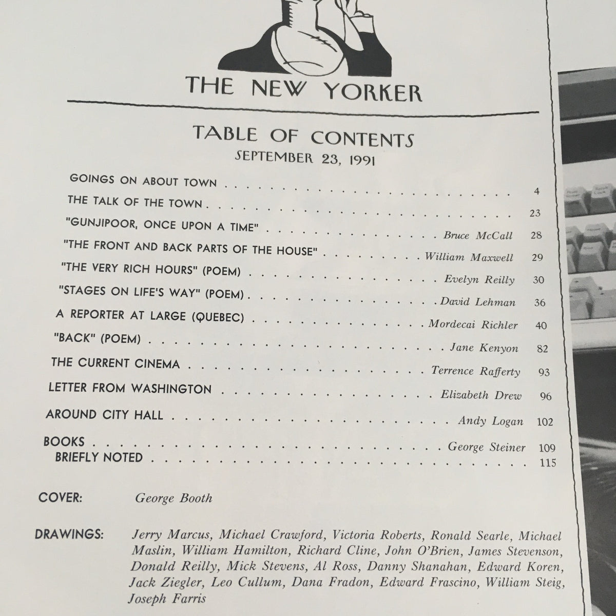 Table of Contents from The New Yorker September 23 1991, listing articles and features with a drawing by George Booth.