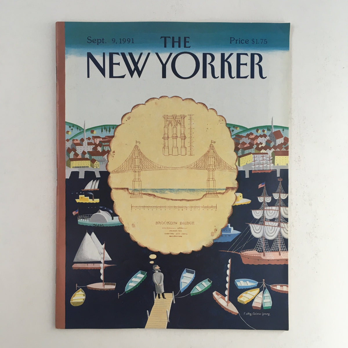 Cover of The New Yorker September 9 1991, featuring a vintage theme design by Kathy Osborn Young, showcasing the Brooklyn Bridge with colorful boats and a scenic background.