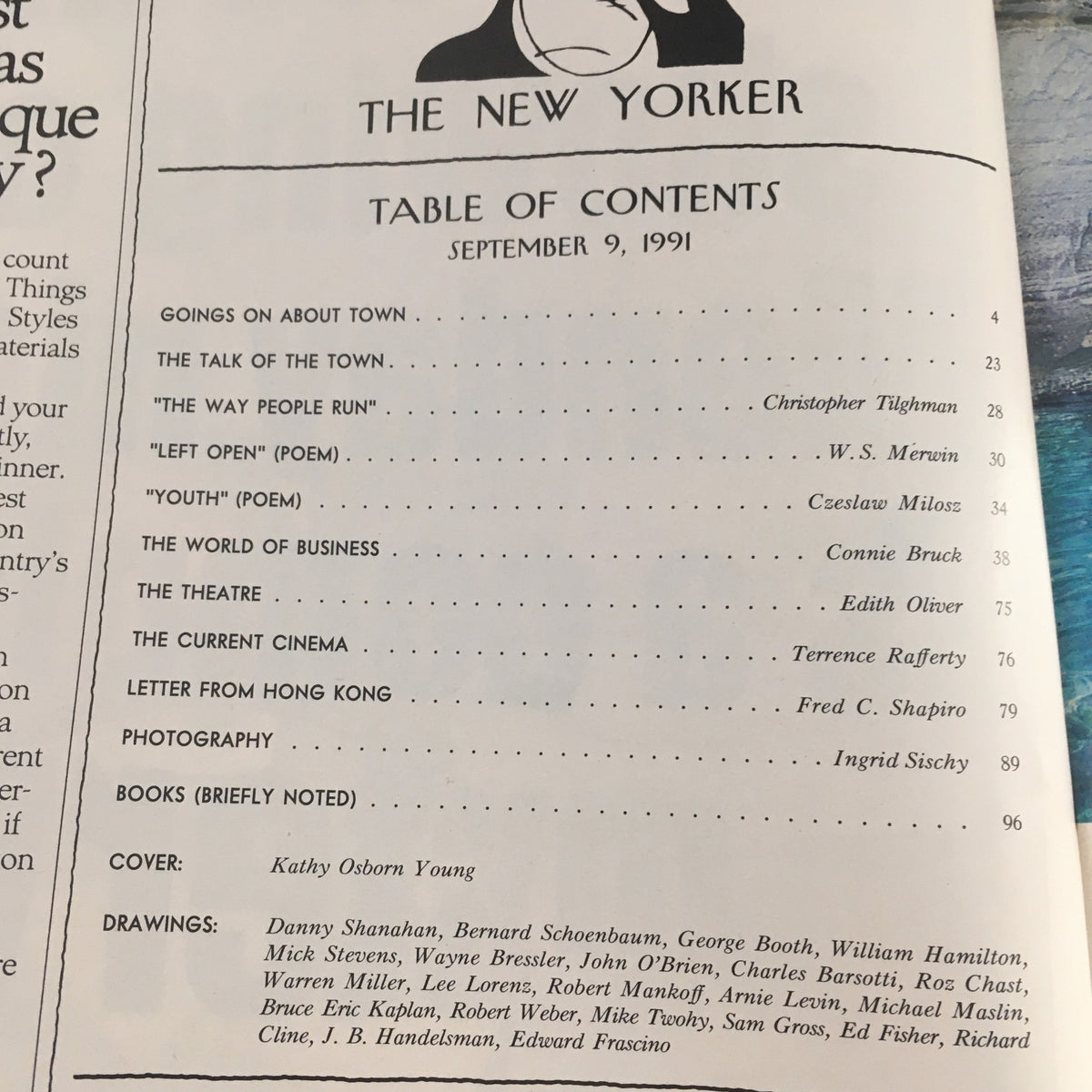 Table of Contents page from The New Yorker September 9 1991, displaying the featured articles and cover artist Kathy Osborn Young, with a classic layout and typography.