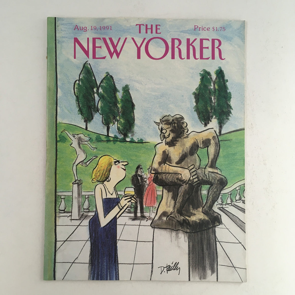 Cover of The New Yorker magazine from August 16, 1991 featuring a colorful illustration by Donald Reilly, depicting a woman in a blue dress holding a drink at a sculpture garden with classical statues in the background.