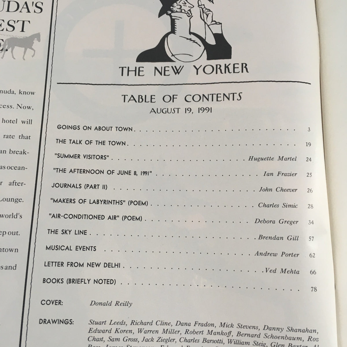 Table of contents from The New Yorker magazine dated August 19, 1991, featuring cover by Donald Reilly. It lists various articles, poems, and contributors, highlighting the magazine's blend of journalism and literature.