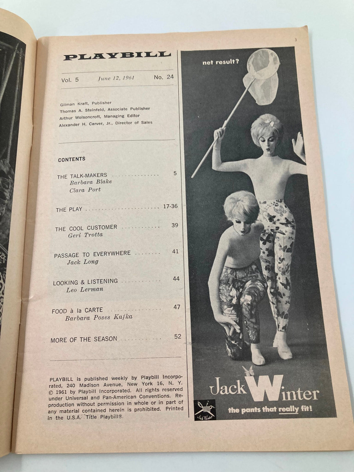 Inside page of the 1961 Playbill for Mary, Mary at the Helen Hayes Theatre listing cast and upcoming performances.
