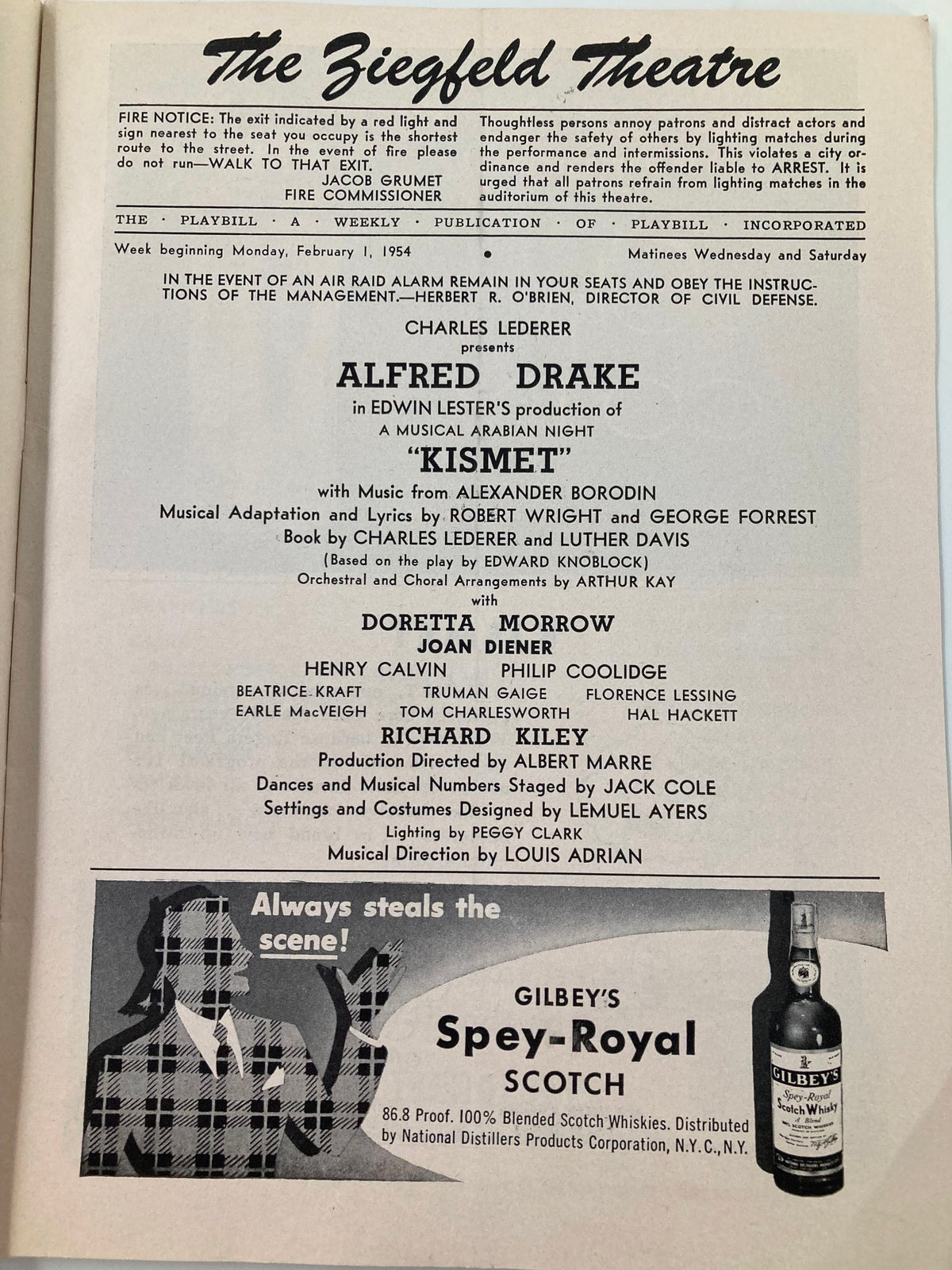 1954 Playbill The Ziegfeld Theatre Kismet with detailed page layout, listing the cast including Alfred Drake and Doretta Morrow, highlighting the musical's production details.