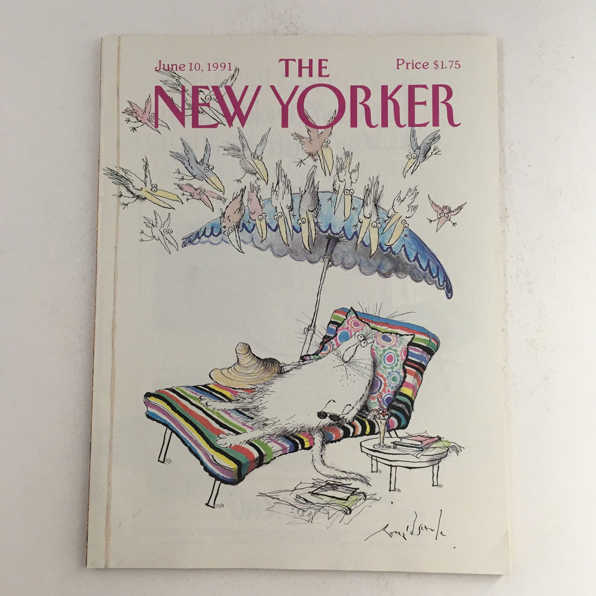 The New Yorker June 10 1991 Magazine Cover featuring a whimsical illustration by Ronald Searle, depicting a creature relaxing under an umbrella with birds around.