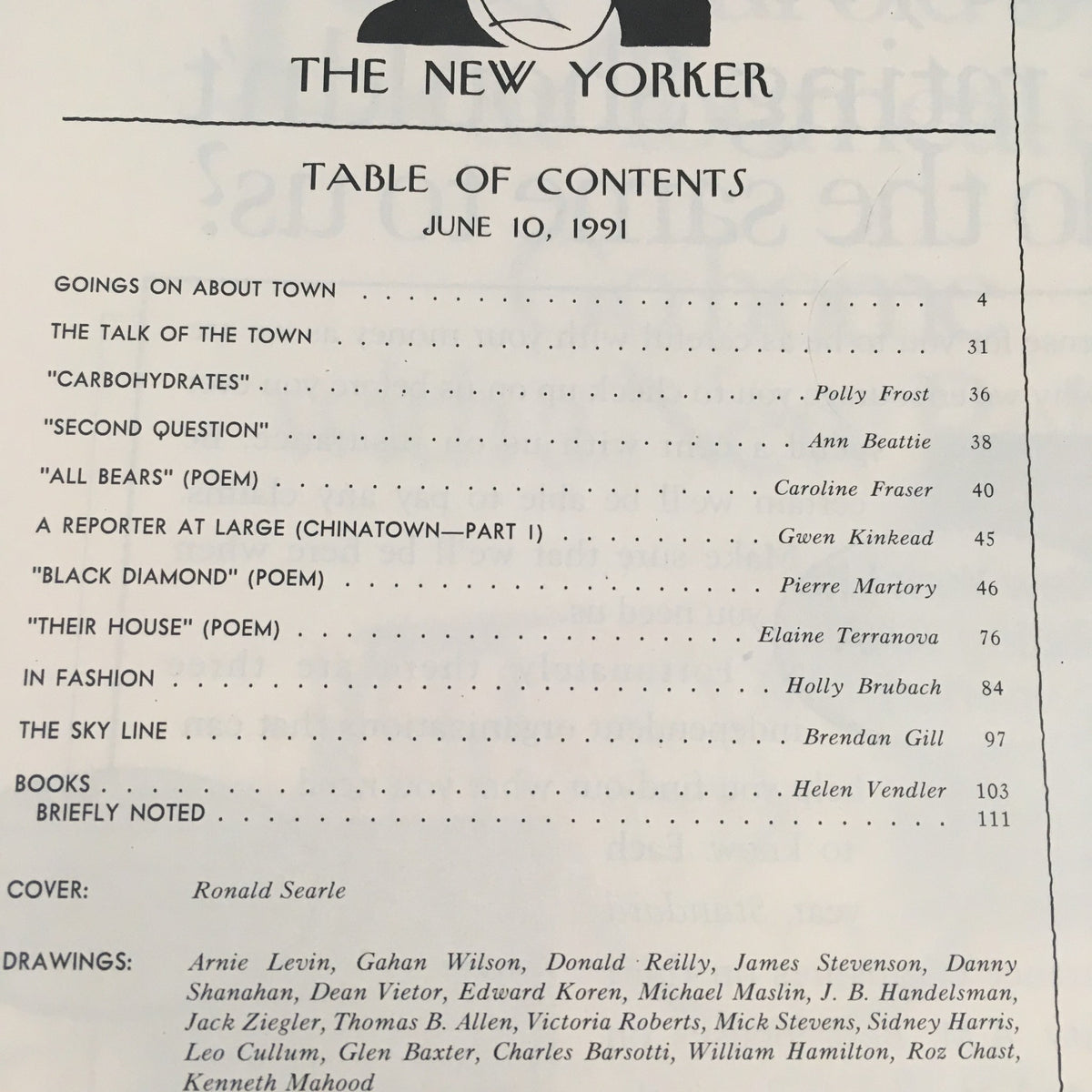 Table of Contents from The New Yorker June 10 1991, detailing articles and contributions, with cover art credited to Ronald Searle.