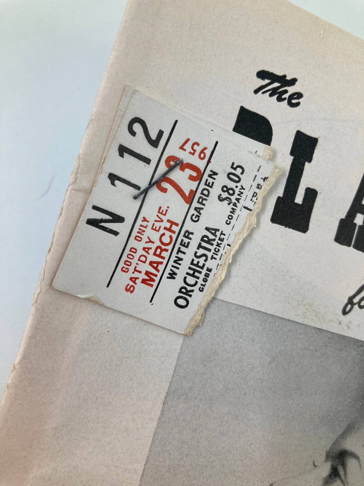 Detail view of the March 23, 1957 ticket stub from the Winter Garden Playbill for Ziegfeld Follies starring Beatrice Lillie and Billy de Wolfe.