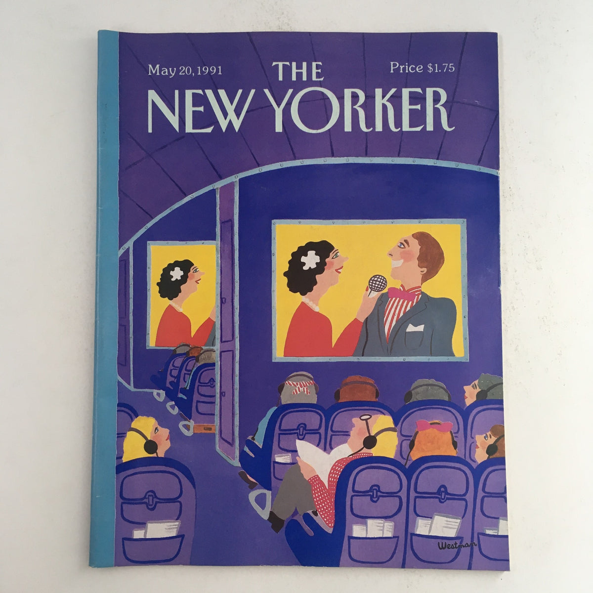 The New Yorker May 20 1991 Full Magazine cover featuring vibrant artwork by Barbara Westman, depicting airline passengers enjoying an in-flight performance.
