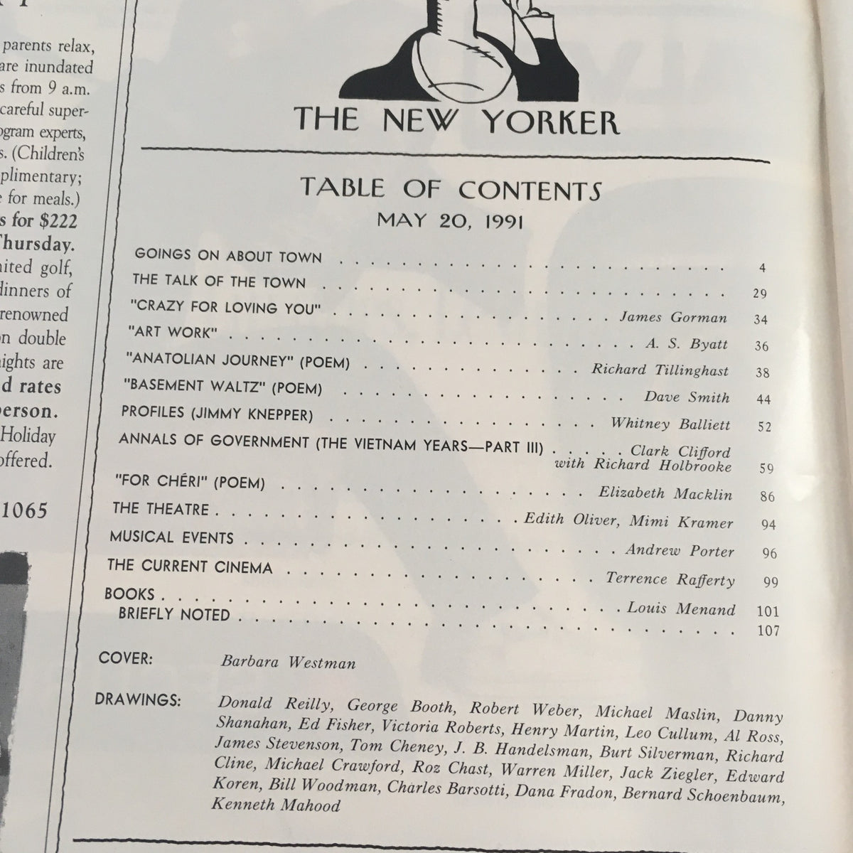 Table of Contents from The New Yorker May 20 1991 Full Magazine Theme Cover by Barbara Westman No Label, featuring article titles and contributors.