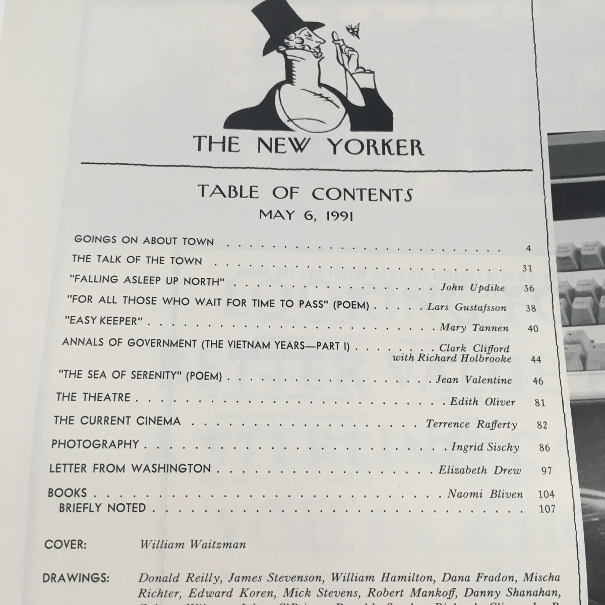 Table of contents from The New Yorker May 6, 1991, detailing article titles and authors, including cover artist William Waitzman, highlighting the magazine's literary offerings of the era.