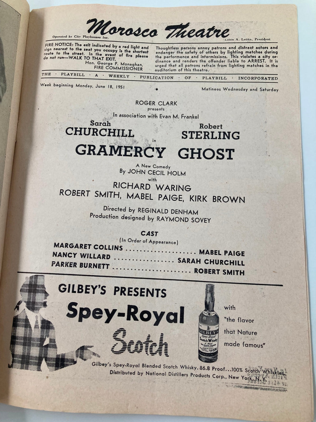 Interior page of the 1951 Playbill from Morosco Theatre showcasing 'Gramercy Ghost', featuring actors Sarah Churchill and Robert Sterling, along with the cast and production details.