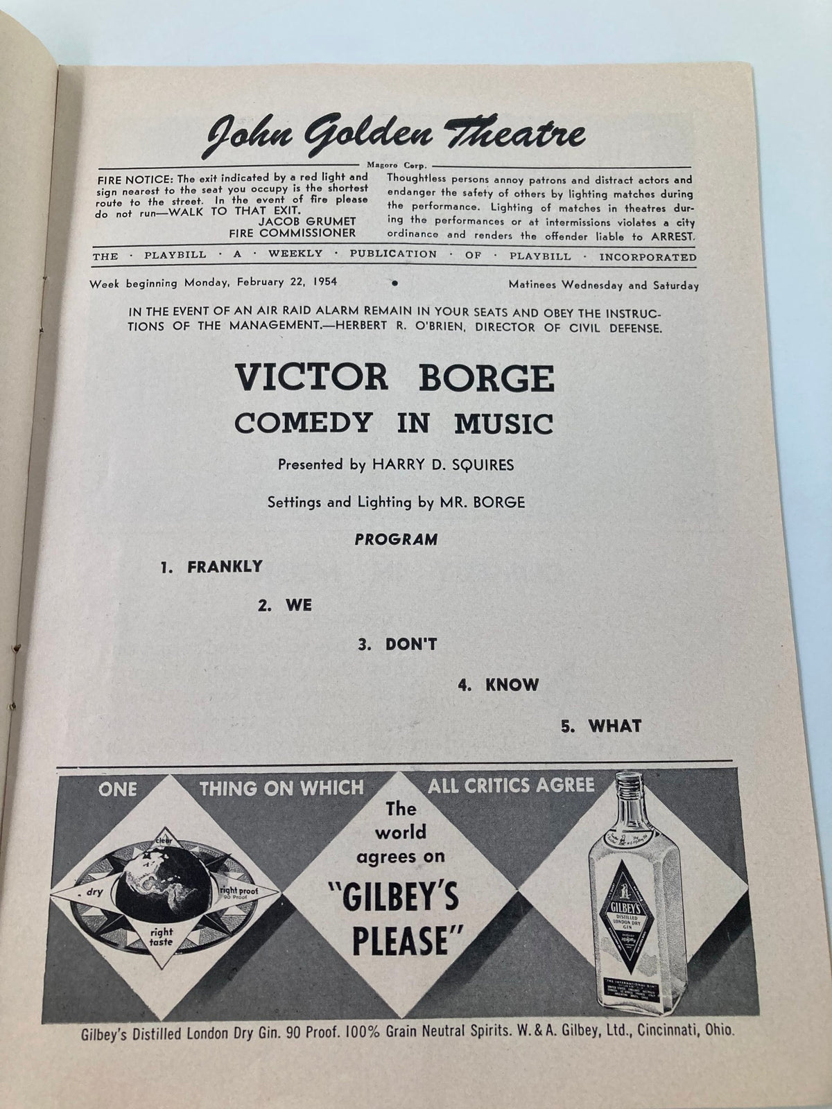 Inside page of the 1954 Playbill from John Golden Theatre, showcasing the program for Victor Borge's 'Comedy in Music' including performance details and advertisements.