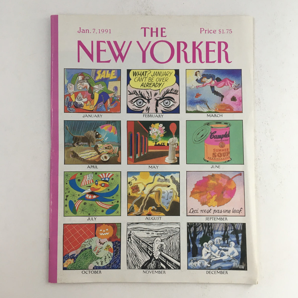 The New Yorker January 7, 1991 Full Magazine Cover featuring colorful illustrations for each month of the year, designed by Kenneth Mahood, showcasing themes like art and culture.