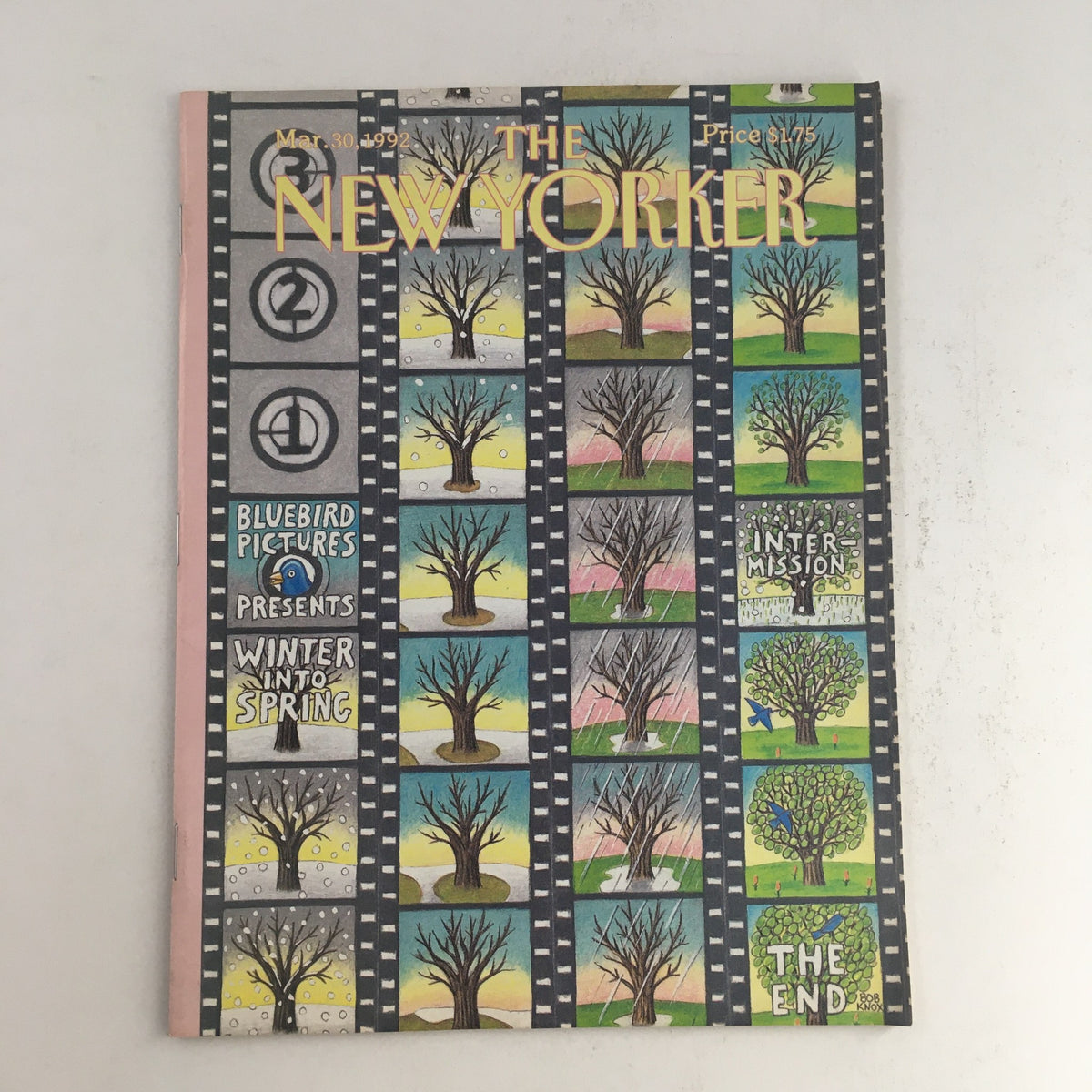 The New Yorker March 30 1992 Full Magazine featuring a unique cover theme illustrated by Bob Knox, showcasing a sequence of trees representing the transition from winter to spring.