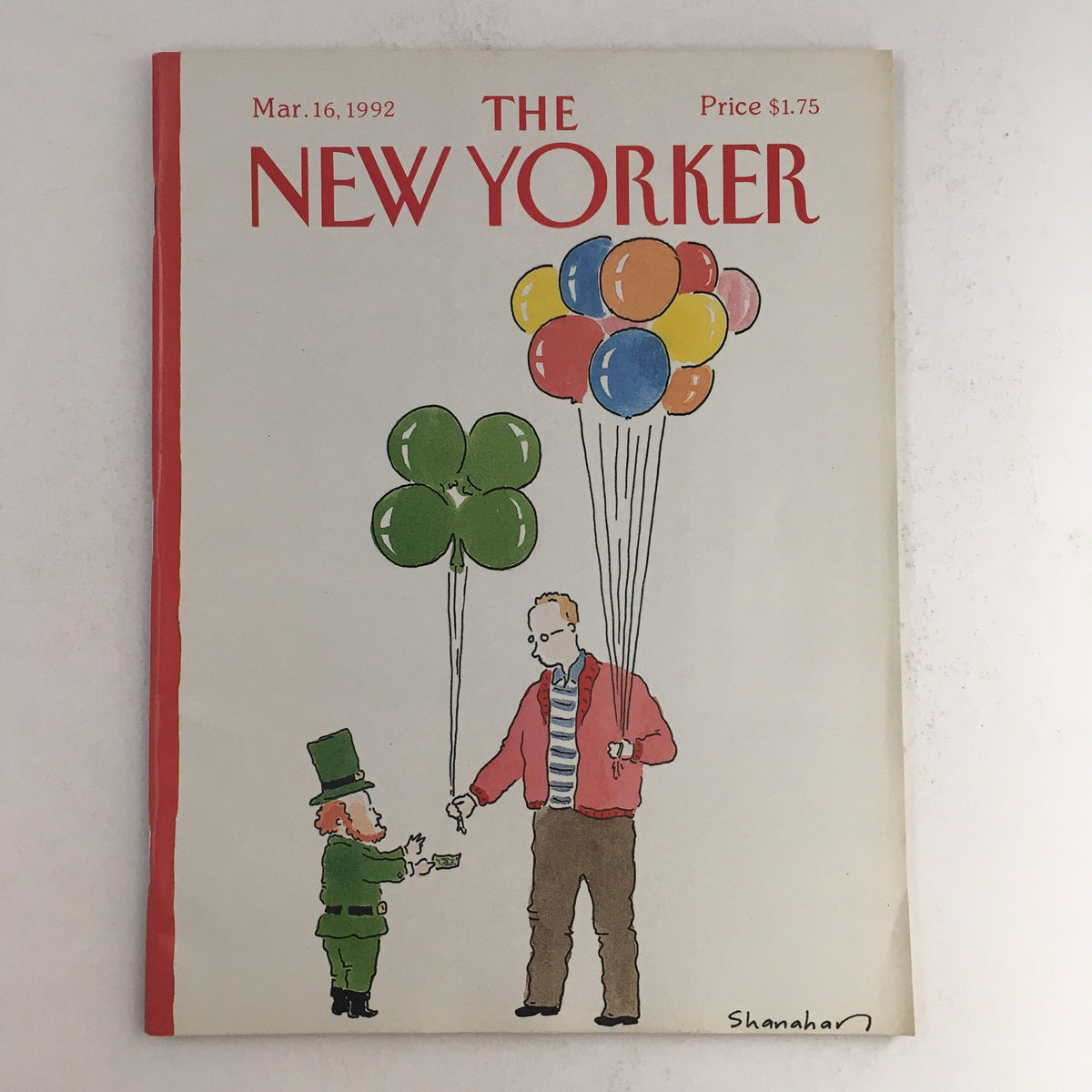 The New Yorker March 16 1992 Full Magazine Theme Cover illustrated by Danny Shanahan, featuring a whimsical scene with a man holding colorful balloons and a child in a green hat.