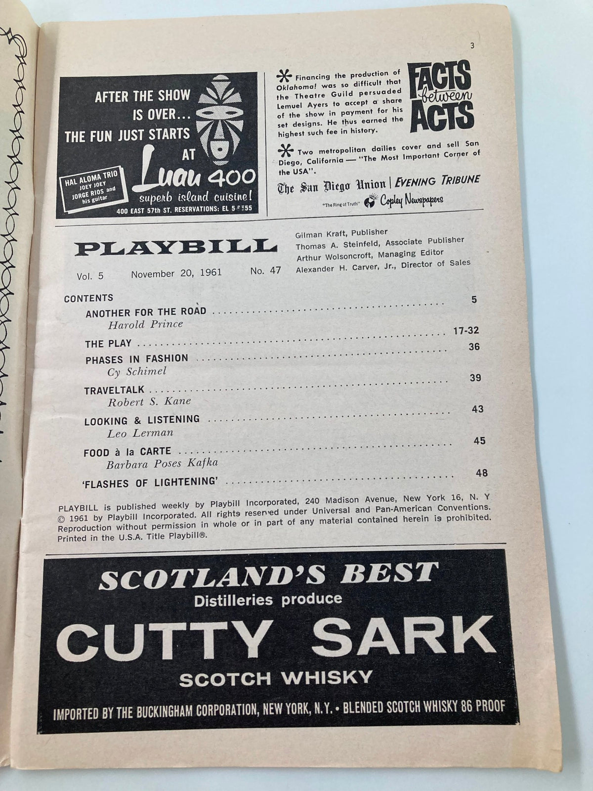 Inside page of the 1961 Playbill for 'The Complaisant Lover,' including contents and sponsorship advertisements, reflecting Broadway's theatrical history.