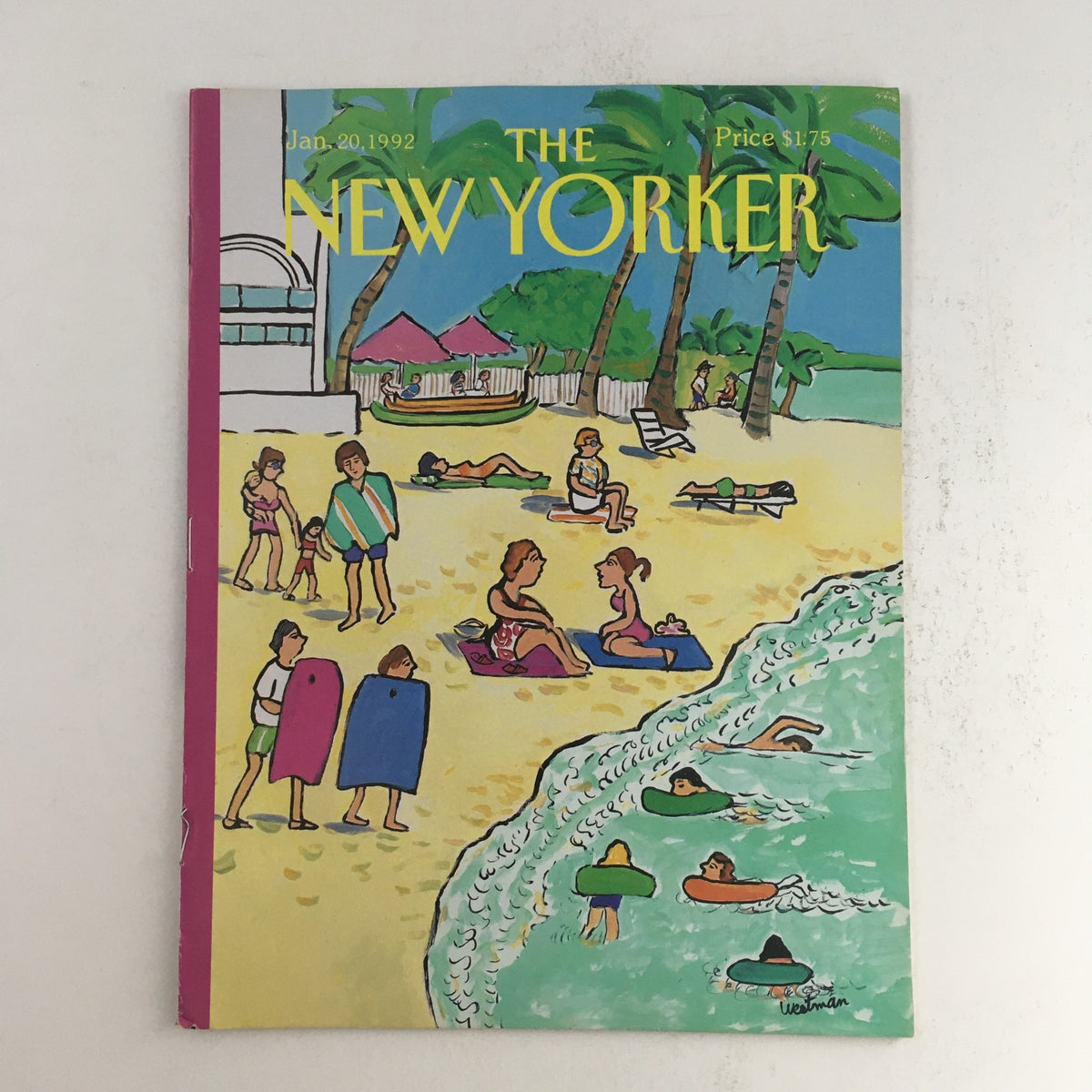 The New Yorker January 20 1992 magazine cover featuring a vibrant beach scene illustrated by Barbara Westman, showcasing sunbathers and swimmers enjoying a sunny day.
