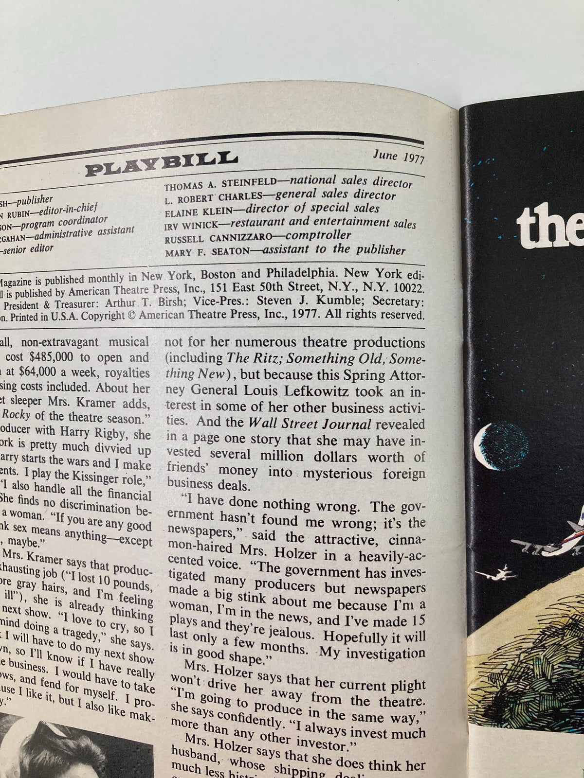 Inside page of a June 1977 Playbill, detailing production information, cast, and credits for Annie A Musical.