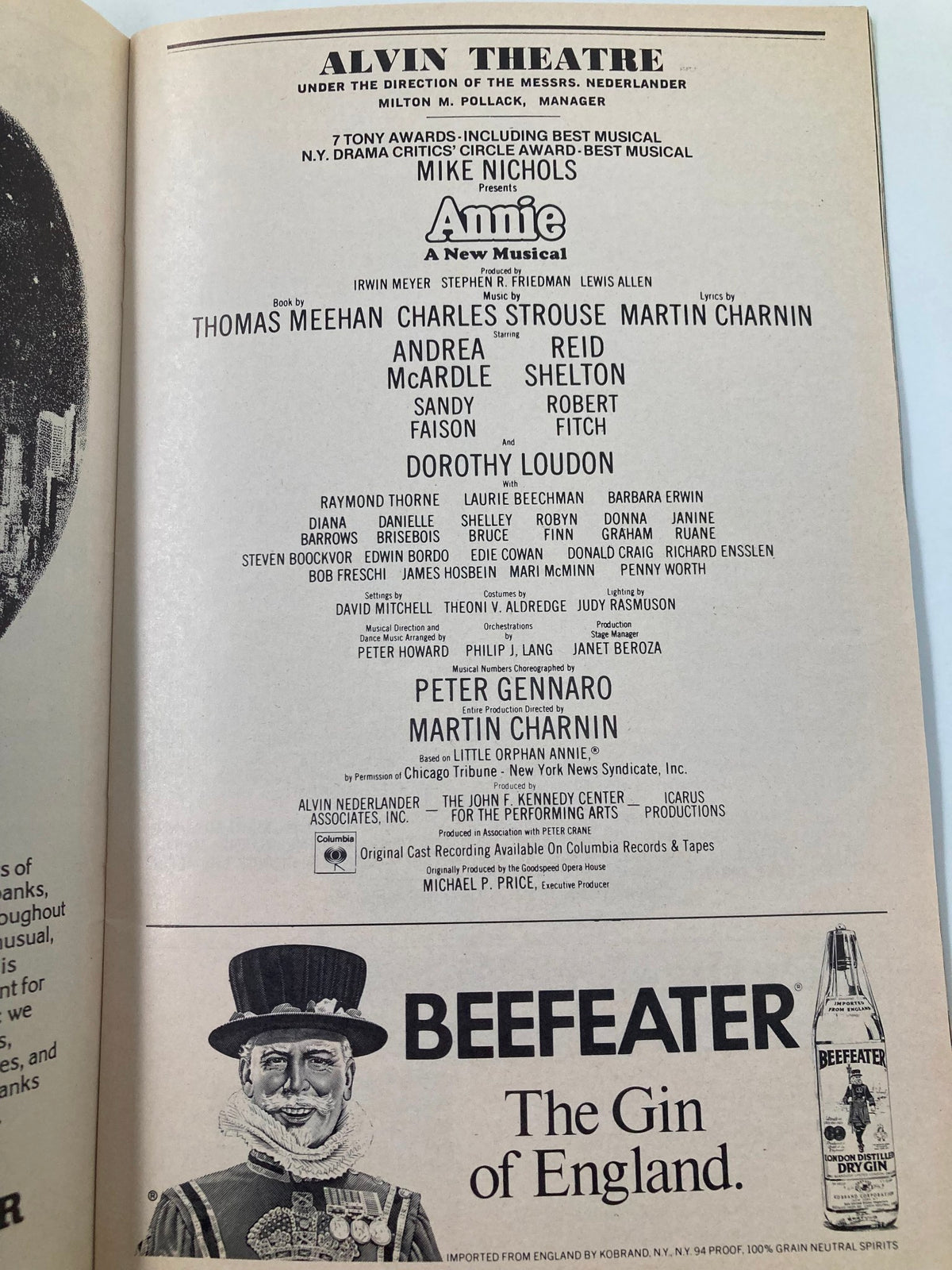 Back page of the 1977 Annie A Musical Playbill at Alvin Theatre showcasing cast and creative team details.