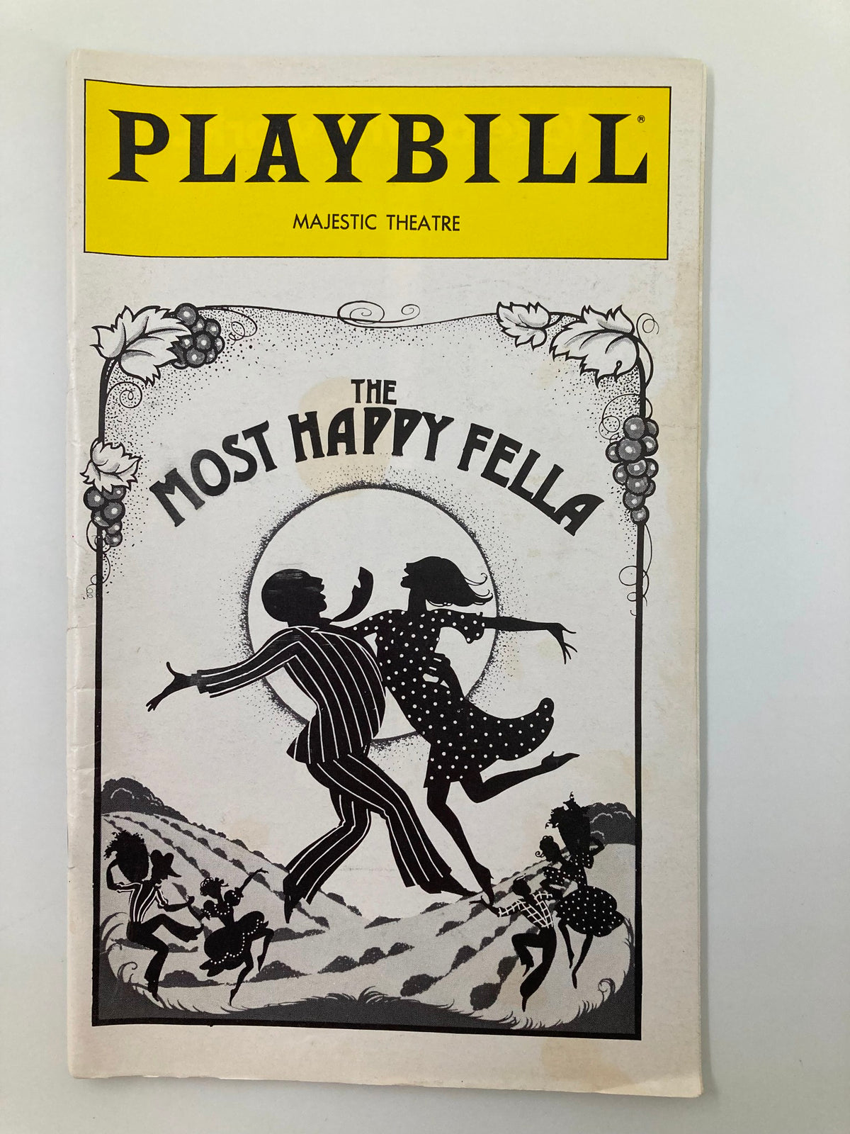 1979 Playbill for The Most Happy Fella at Majestic Theatre featuring a classic black and white illustration of a dancing couple.