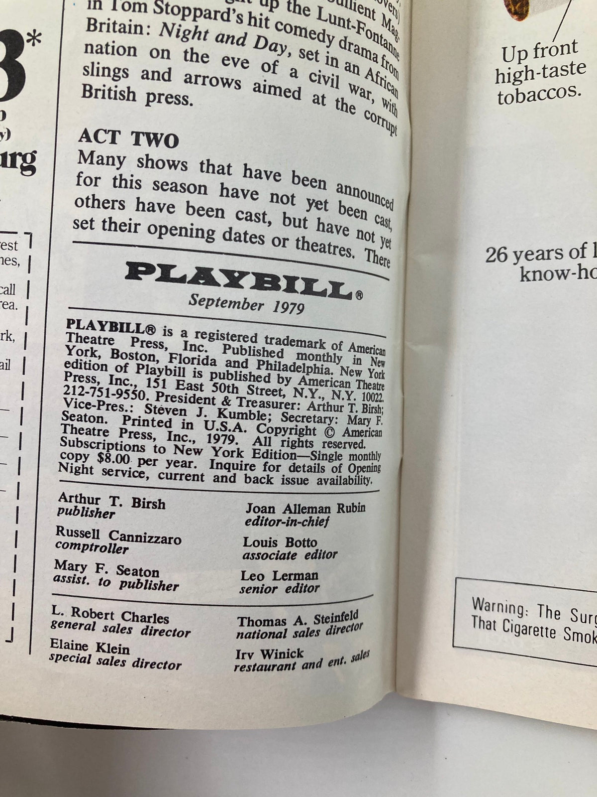 Inside page of the 1979 Playbill for The Most Happy Fella listing credits and production details from September 1979.