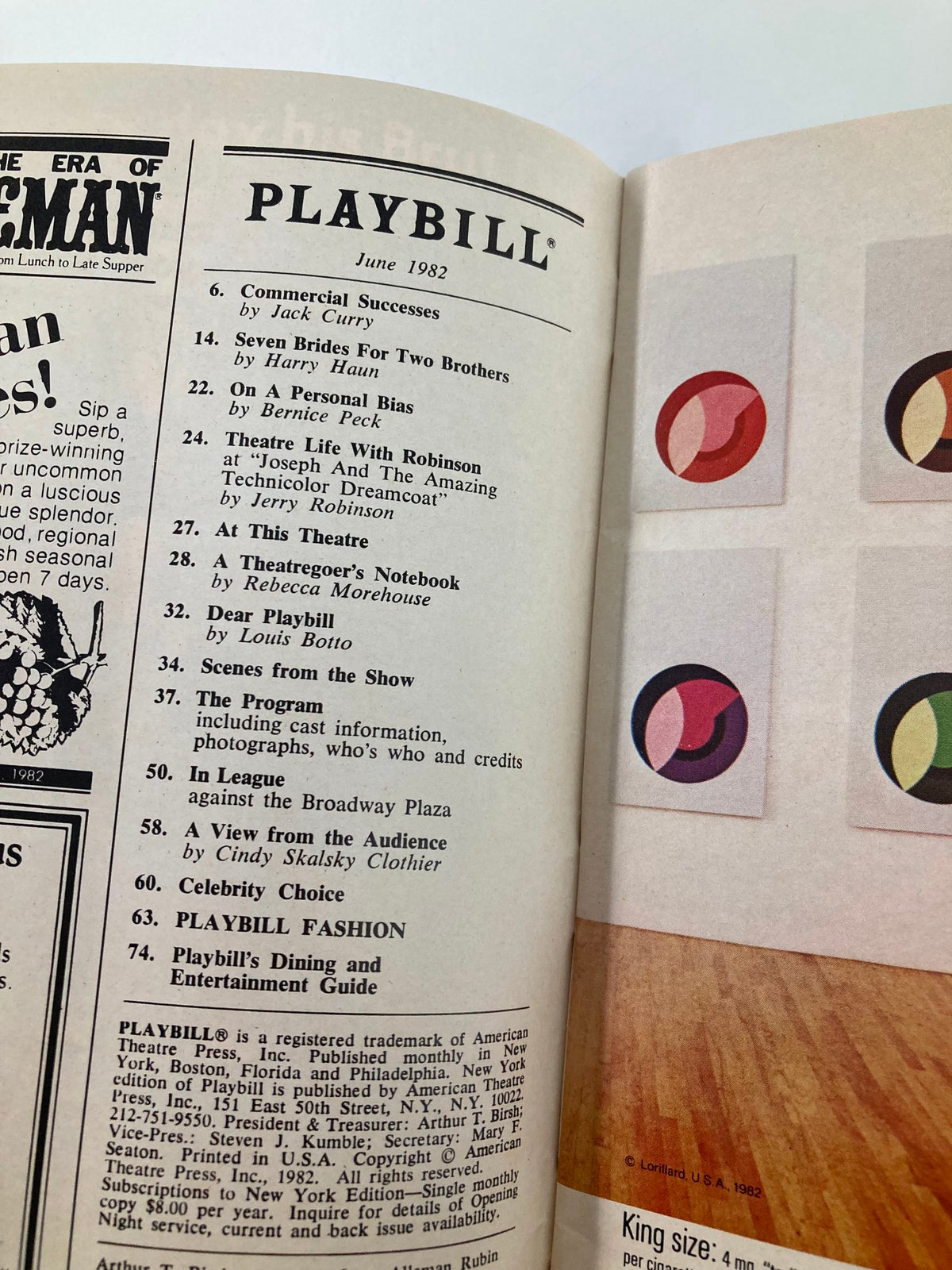 Interior page of the June 1982 Playbill highlighting various performances, including commercial successes and details about the show The Lady and Her Music featuring Lena Horne.