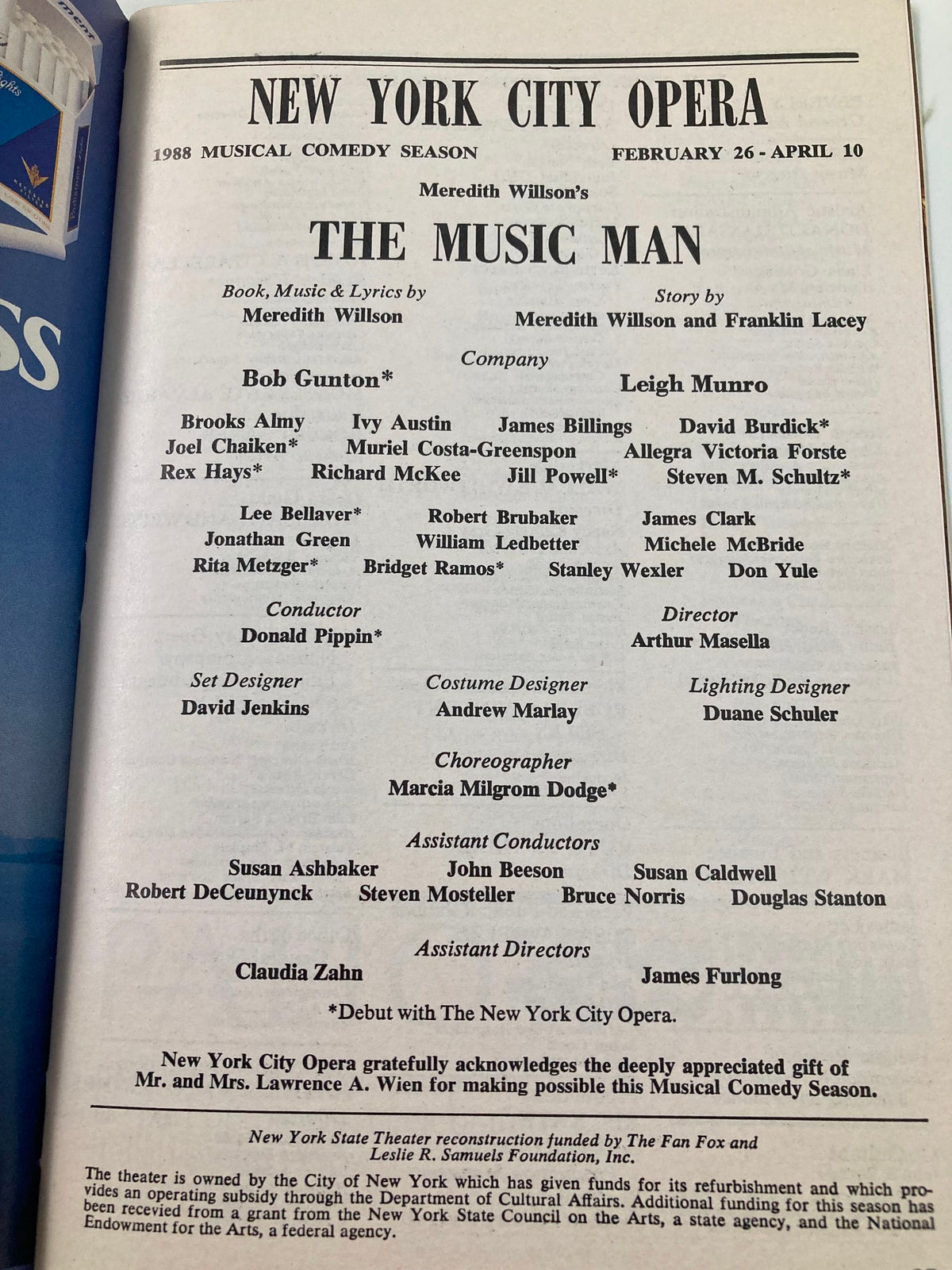 1988 New York City Opera Playbill for The Music Man featuring cast members including Brooks Almy, Ivy Austin, and James Billings. Details of the production, including musical credits and staff contributions.