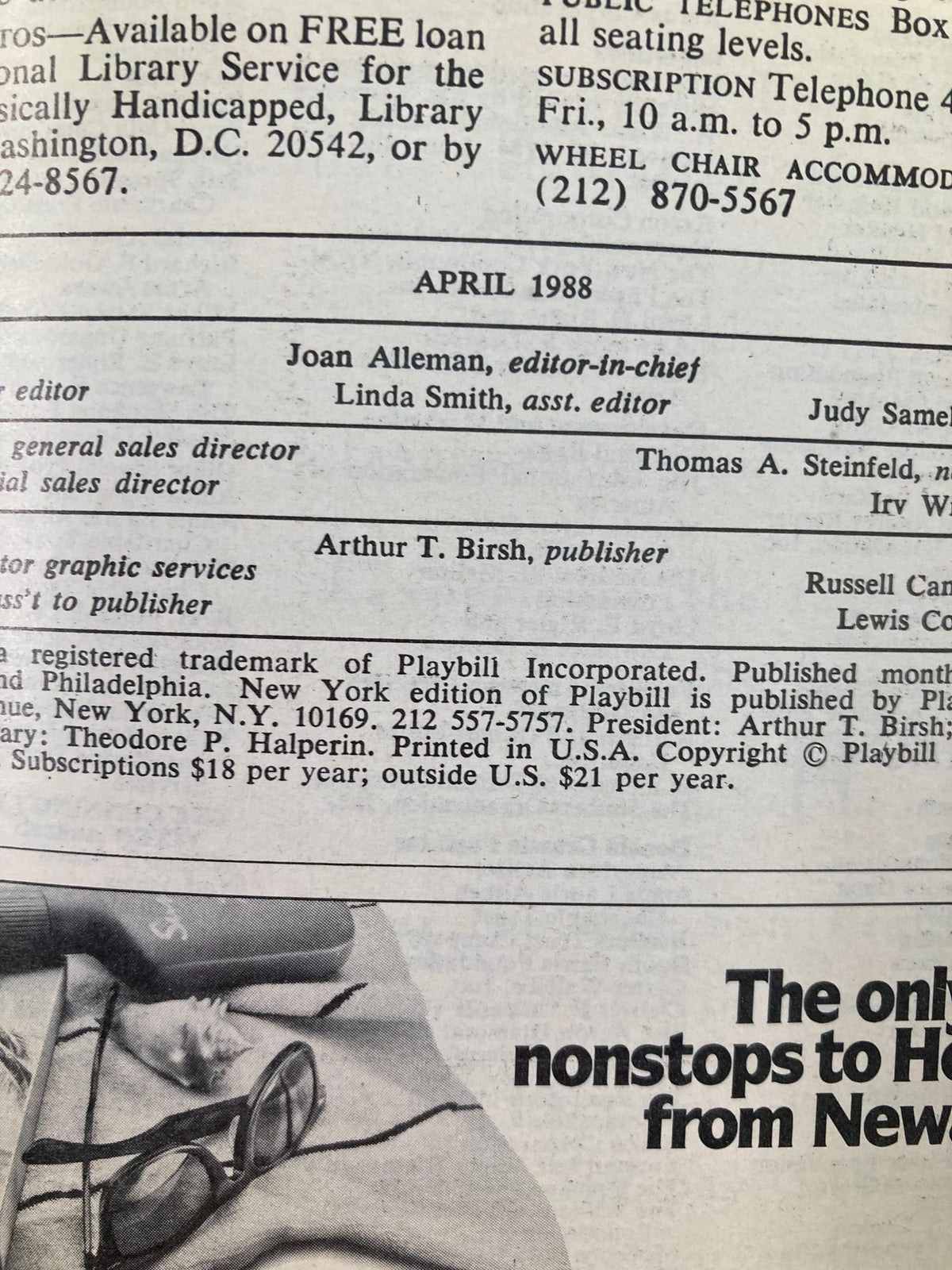April 1988 edition of Playbill with editorial information and contact details, related to the 1988 New York City Opera The Music Man.