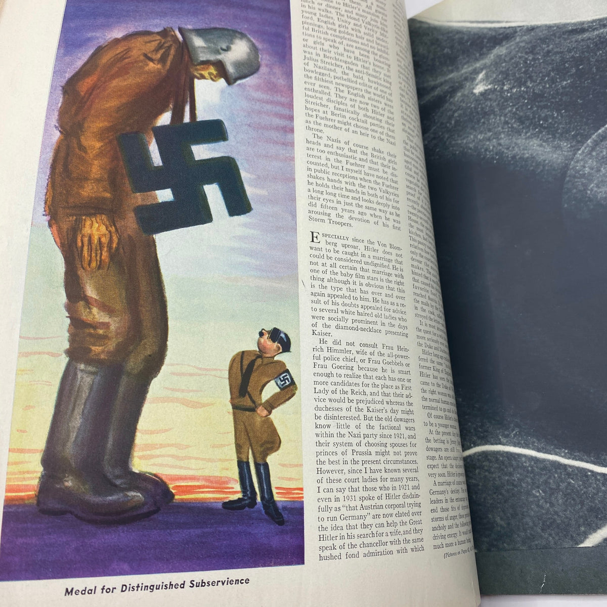Illustration from VTG Ken The Insider's World Magazine April 7 1938 depicting a Nazi soldier in a critical article about the political climate of the 1930s.