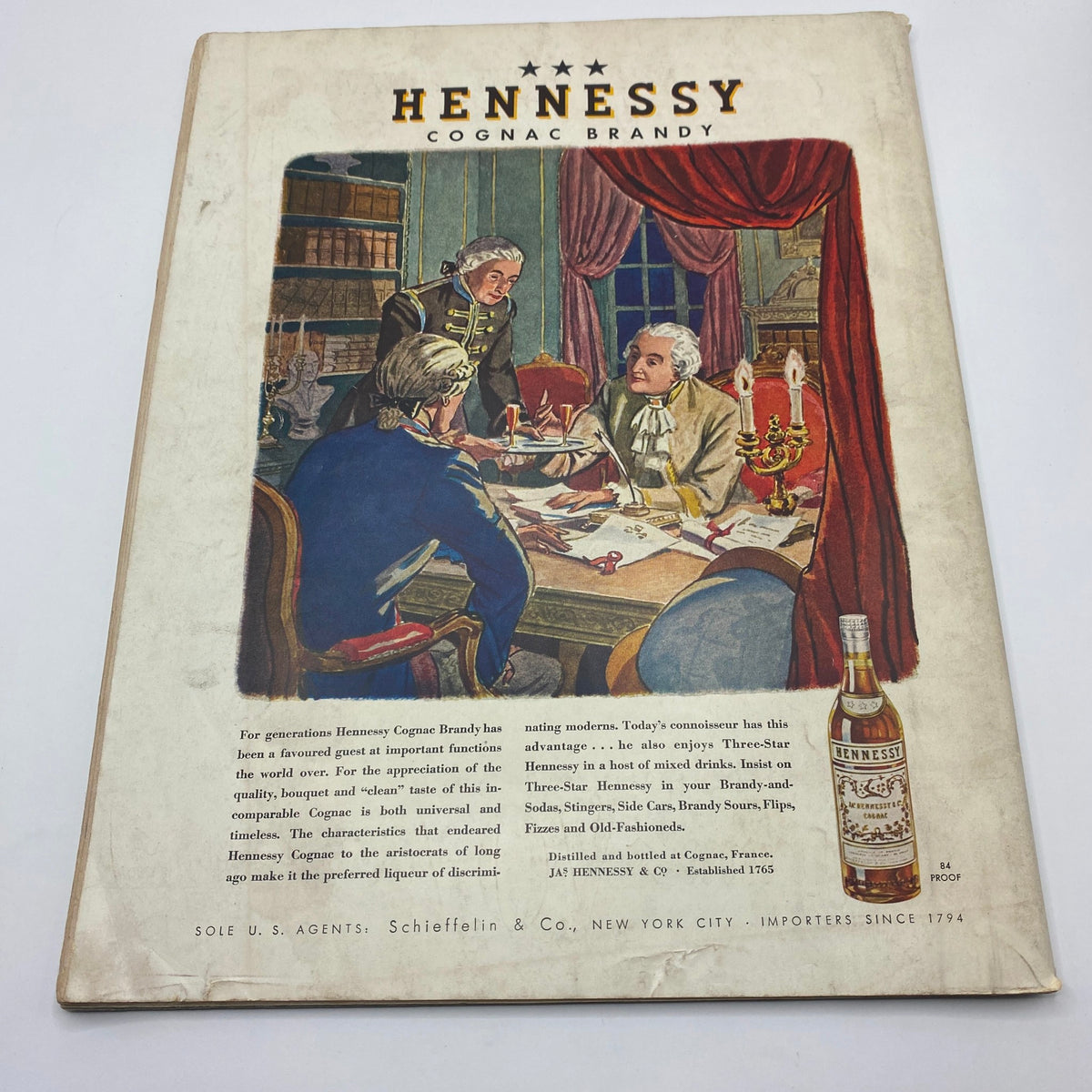 Back cover of VTG Ken The Insider's World Magazine April 7 1938 featuring an advertisement for Hennessy Cognac Brandy with an elegant scene.