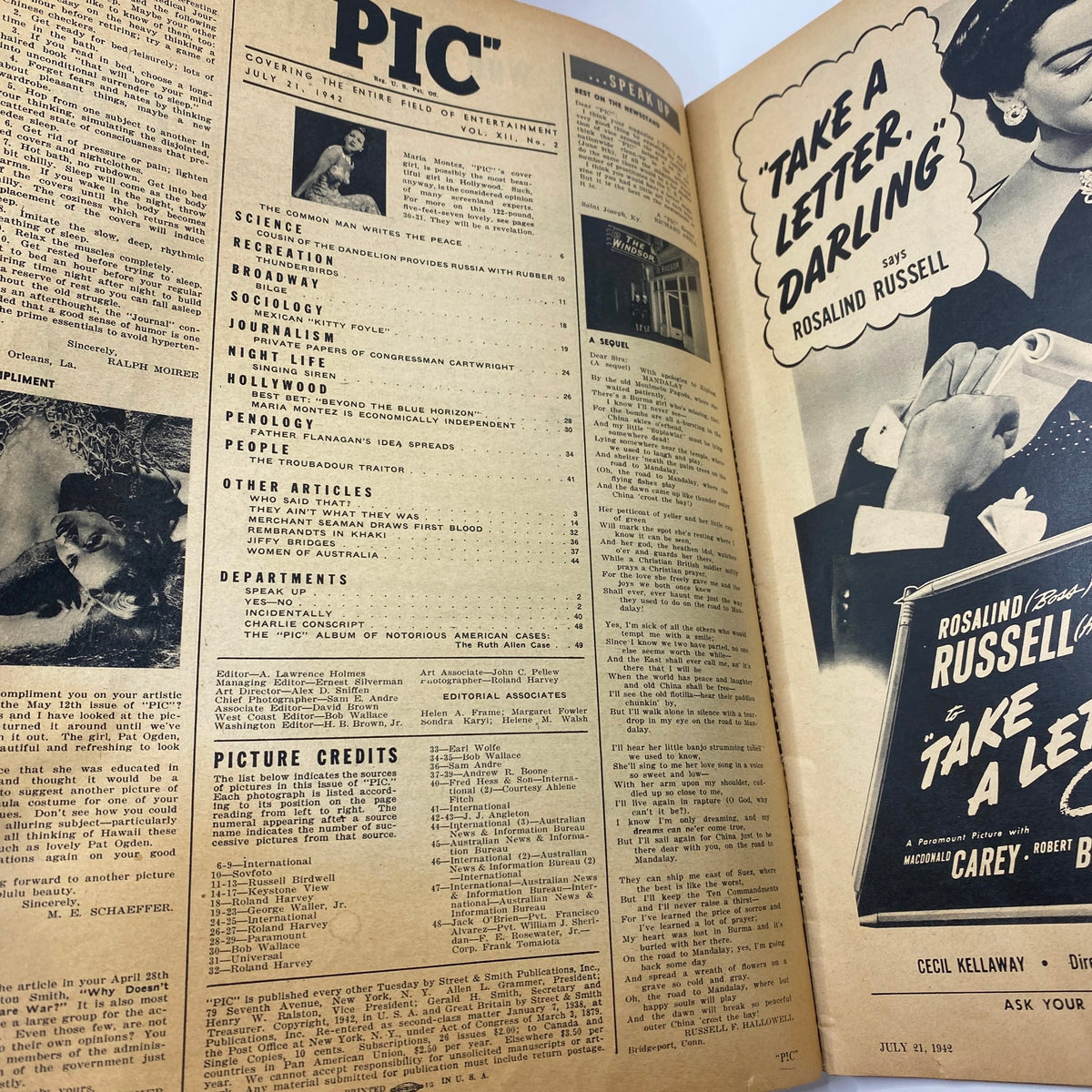 Inside page of VTG Pic Magazine July 21 1942, displaying articles and imagery characteristic of the entertainment industry during the 1940s.