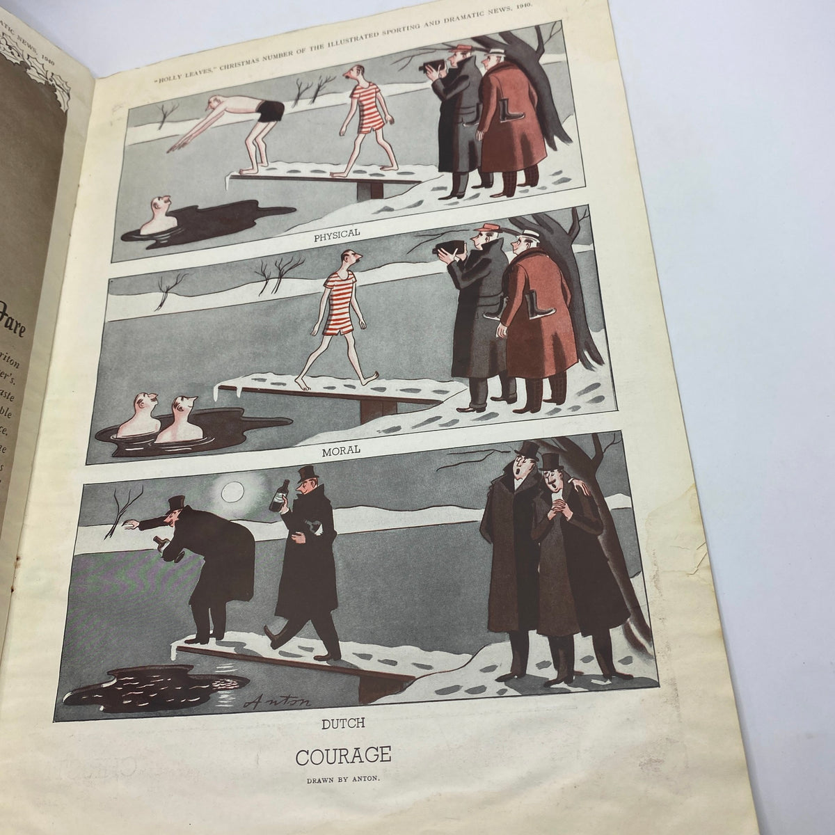 Illustrated comic section from VTG Holly Leaves Magazine 1949 titled 'Dutch Courage', featuring humorous depictions of bravery.