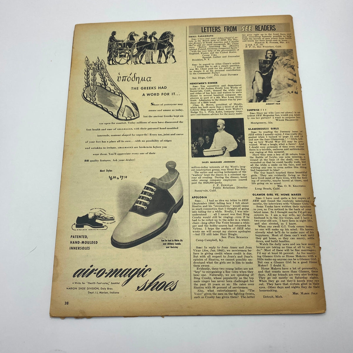 Vintage See Magazine July 1945 containing an advertisement for air-o-magic shoes alongside letters from readers, reflecting the magazine's cultural context.