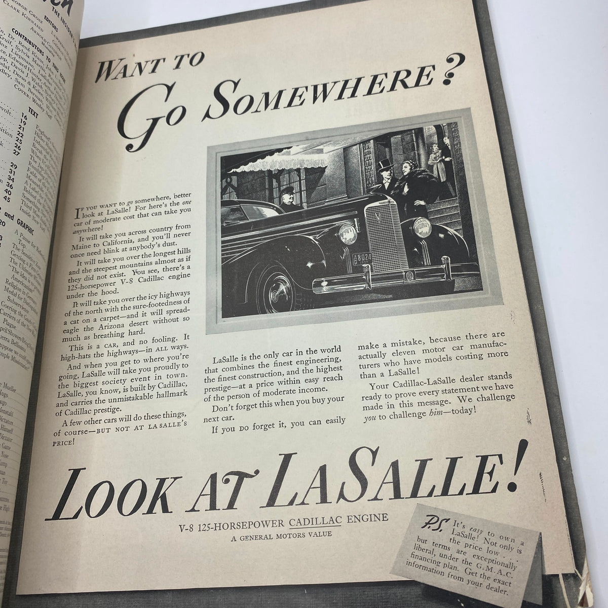 Advertisement page from VTG Ken The Insider's World Magazine April 7 1938 promoting LaSalle cars with a captivating image of a classic vehicle.