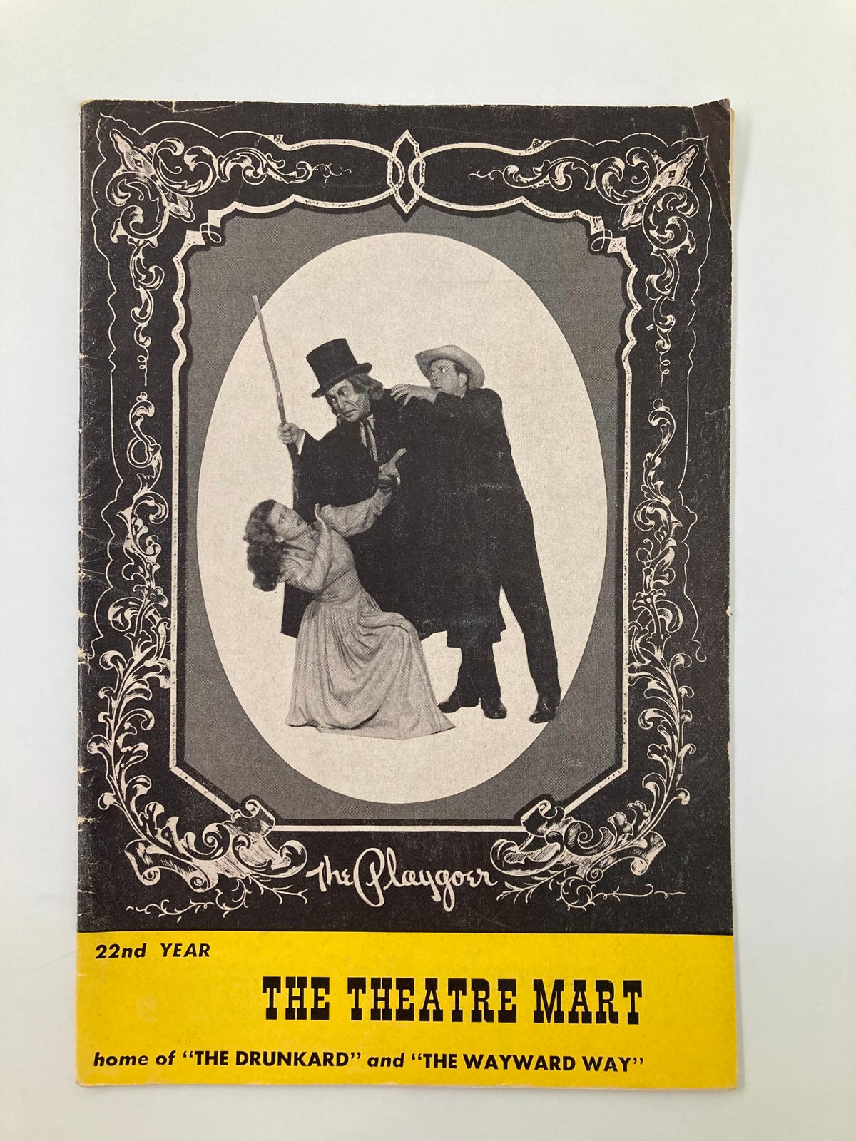 Cover of the 1950 Theatre Mart magazine featuring 'The Wayward Way' and 'The Drunkard' by Mildred Isle, depicting a dramatic scene with three characters in costume.
