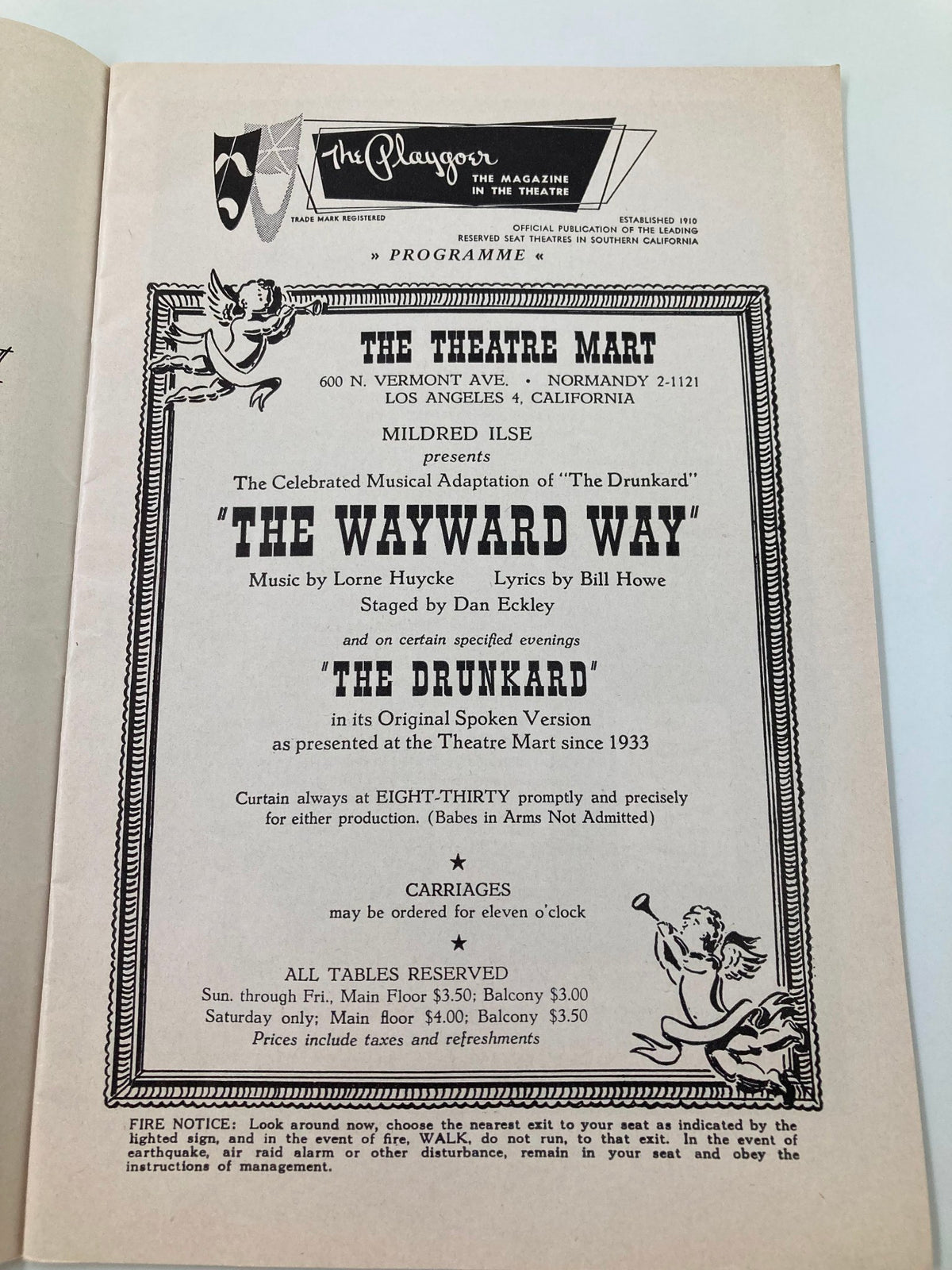 Inside page of the 1950 Theatre Mart magazine highlighting the program details for the musicals 'The Wayward Way' and 'The Drunkard' presented at the Theatre Mart.