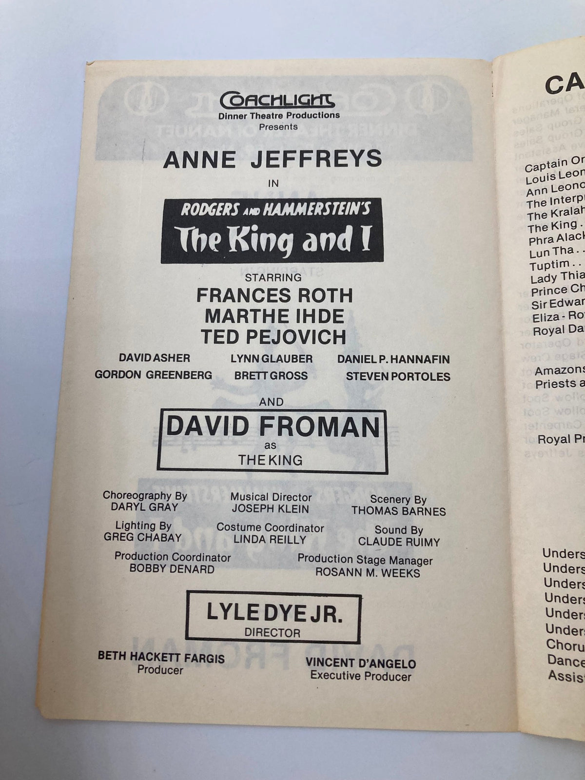 Inside page of the 1981 Coachlights Theatre The King and I Playbill, listing cast members Frances Roth, Marthe Ihde, David Froman, and production credits.