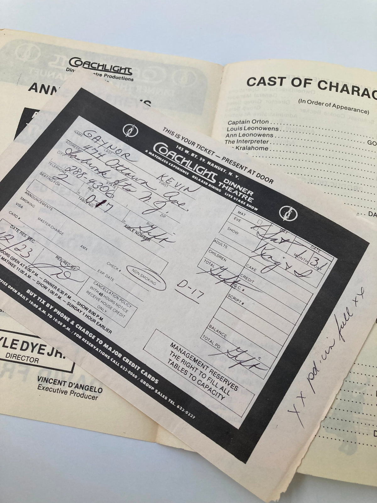 1981 Coachlights Theatre The King and I Frances Roth, Marthe Ihde, David Froman - a vintage ticket with handwritten details for a dinner event, featuring the Coachlight logo.