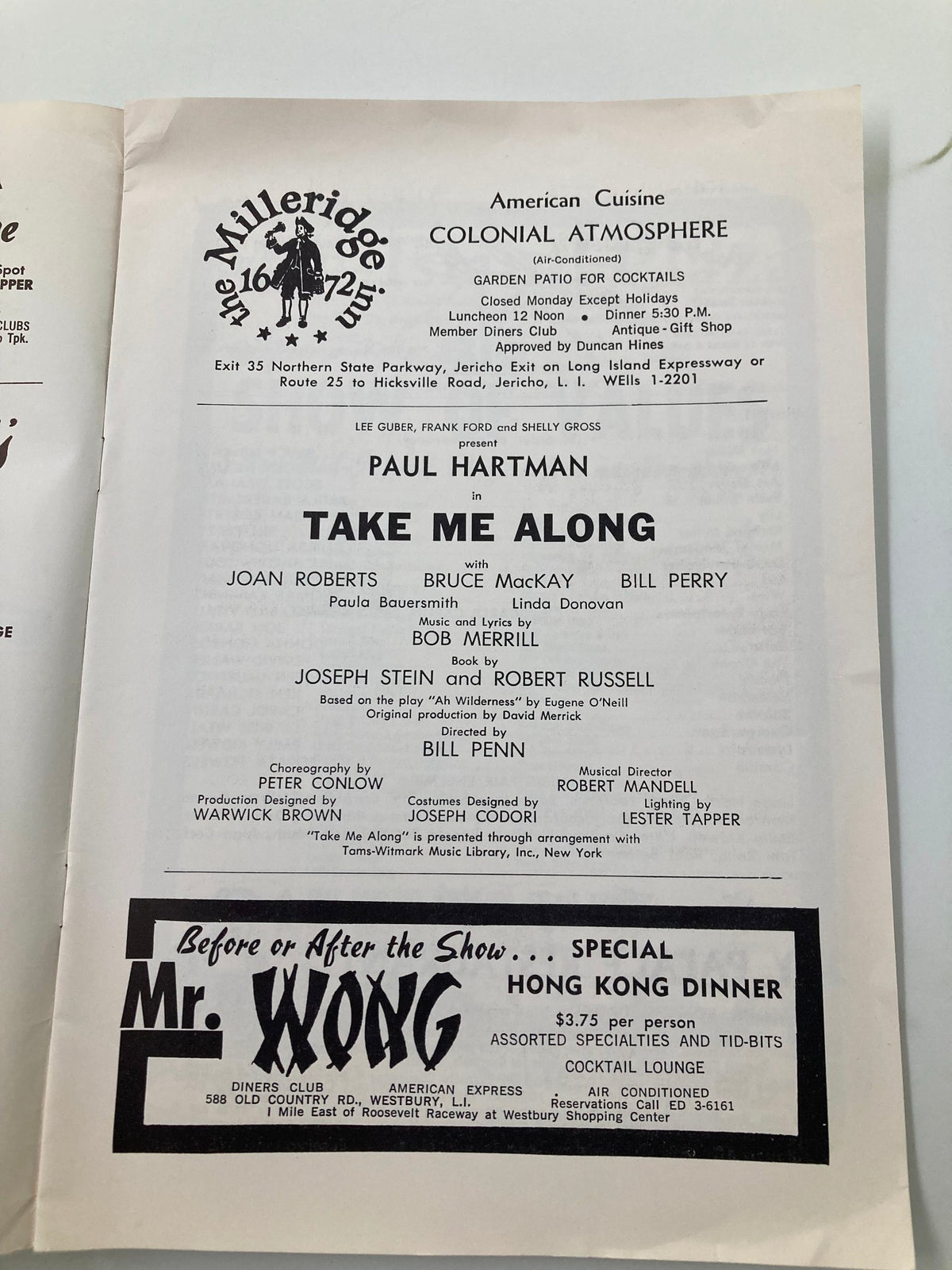 Inside page of the 1961 Westbury Music Fair Take Me Along Playbill featuring cast details including Paul Hartman and Joan Roberts.