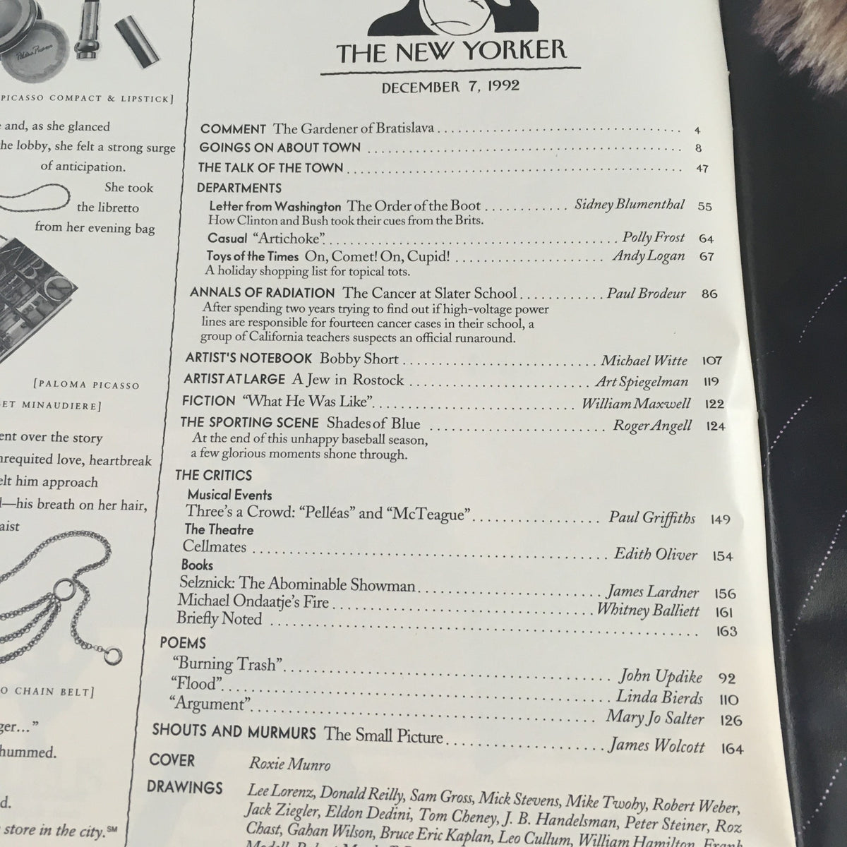 Interior page from The New Yorker December 7 1992, displaying the magazine's table of contents and featuring the artistic works of Roxie Munro.