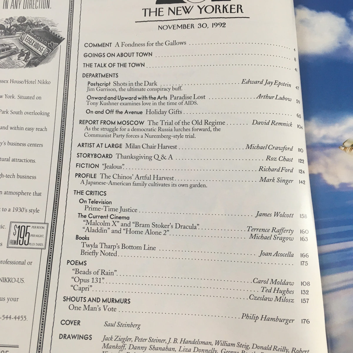 Table of contents page from The New Yorker, November 30, 1992, highlighting various articles, including a cover feature by Saul Steinberg.