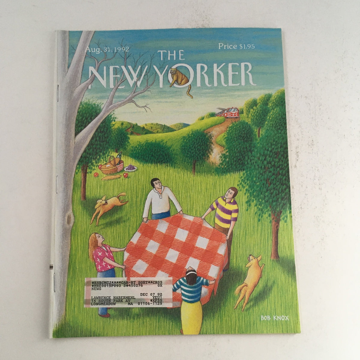 Cover of The New Yorker magazine dated August 31, 1992, featuring vibrant artwork by Bob Knox, depicting a picnic scene with people and a dog in a scenic landscape.
