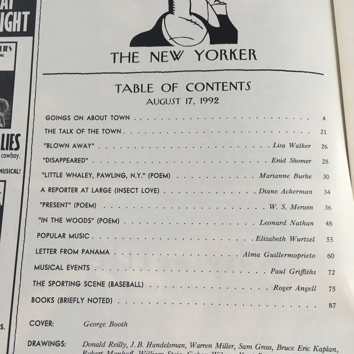 Table of contents page of The New Yorker August 17, 1992 issue, listing various articles and poems. The cover illustration by George Booth is mentioned, providing insight into the literary content of that edition.