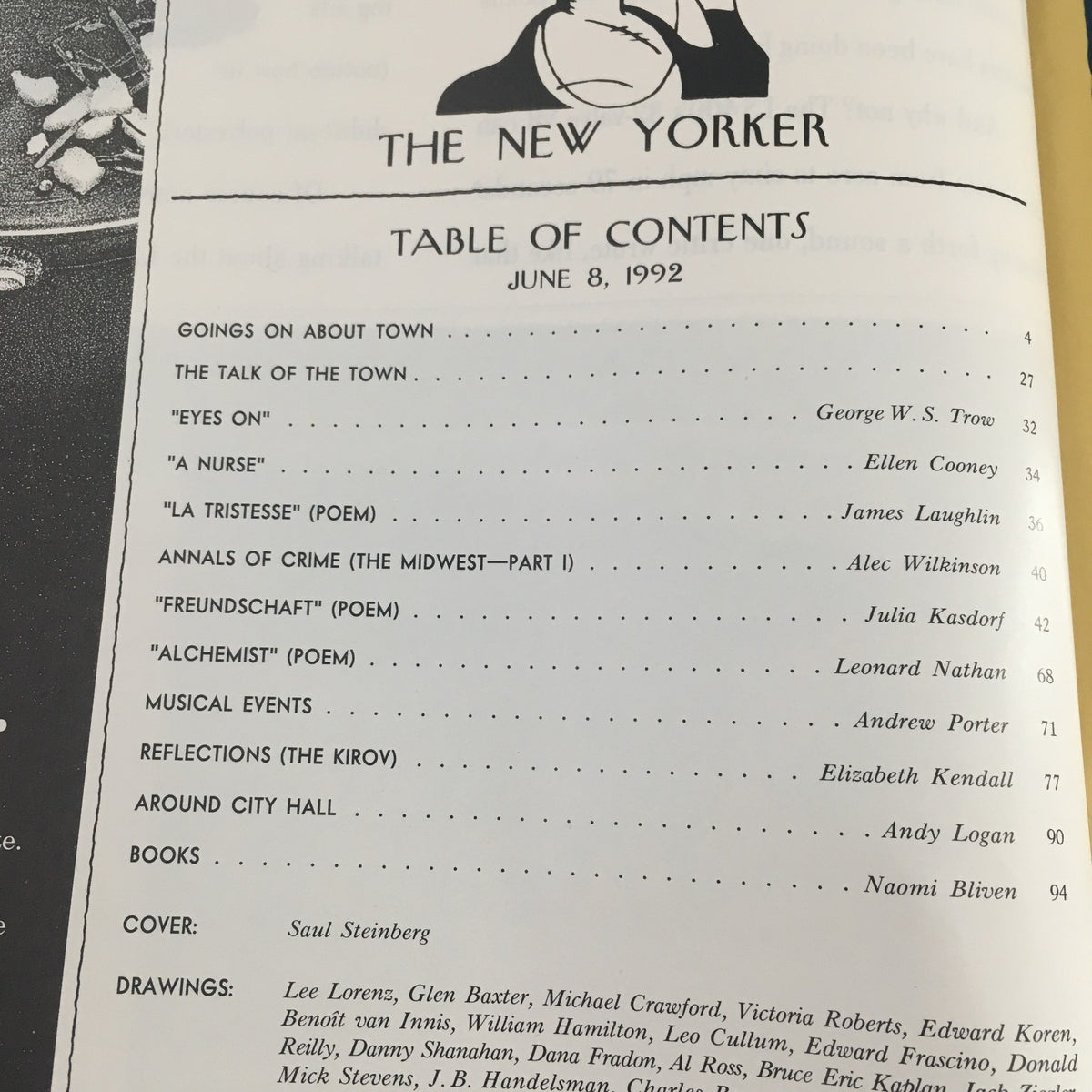 The New Yorker June 8 1992 table of contents page listing featured articles and poetry, highlighting contributions from various authors and the cover artist Saul Steinberg.