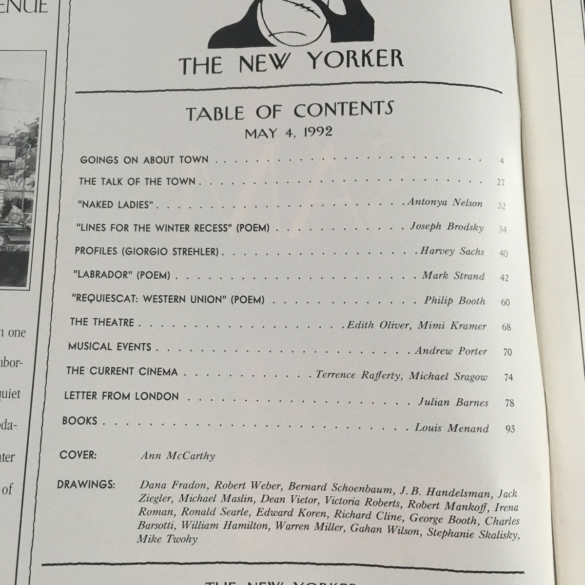 Table of contents from The New Yorker May 4 1992 featuring article titles and cover credit to Ann McCarthy, highlighting a variety of literary and cultural works.