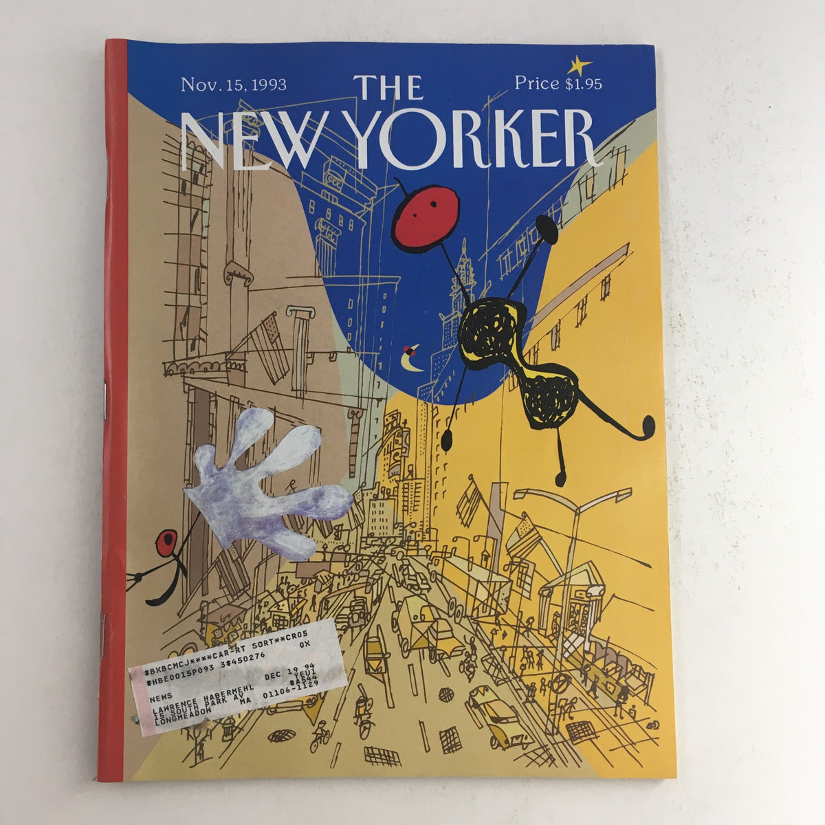 The New Yorker November 15 1993 Full Magazine Theme Cover by Javier Mariscal showcasing a vibrant urban illustration with artistic elements reflecting the cultural essence of the early 90s.