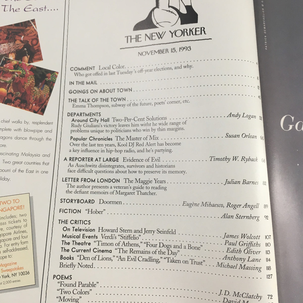 The New Yorker November 15 1993 Full Magazine Theme Cover by Javier Mariscal, featuring artistic graphics and typography, showcasing contents including critiques, essays, and poetry, emblematic of early 90s culture.