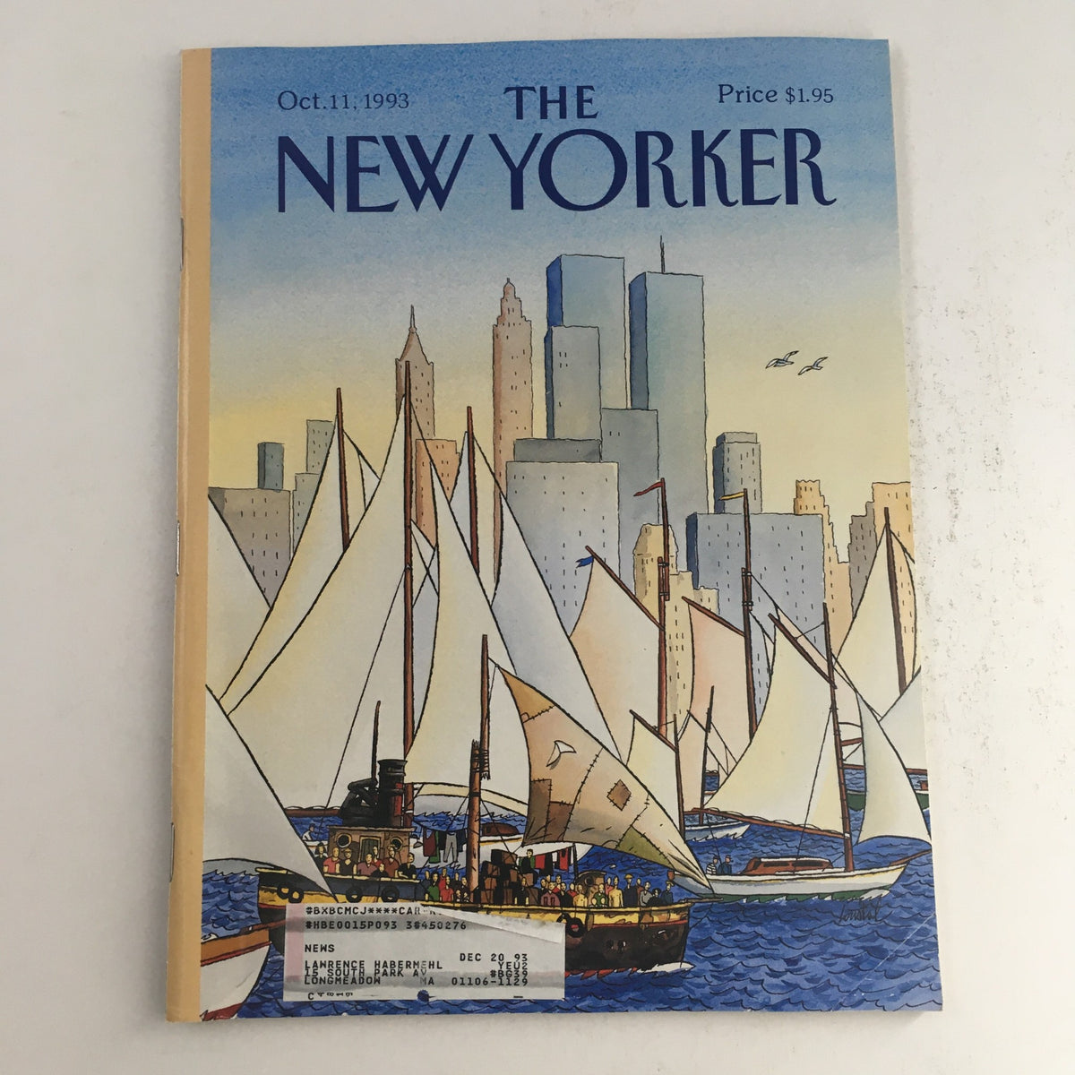 Cover of The New Yorker October 11 1993 featuring a theme illustration by Jacques de Loustal with sailboats in the foreground and a city skyline in the background, categorized as Very Good condition.