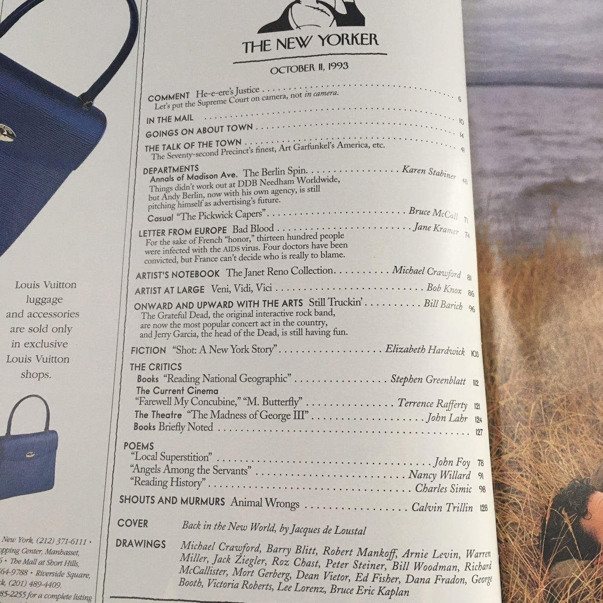 Interior page of The New Yorker October 11 1993, showcasing the table of contents with various articles and features from that edition.